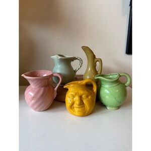 Vintage Collection 5 Small Pitchers or Jugs Multi Colors and One Anthropomorphic